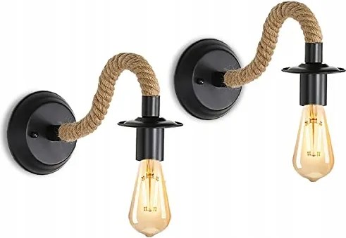 Fali Lámpa E27 Kender Kötél Fali Lámpa Fekete Retro Nappaliba 2 Db-os Csomag