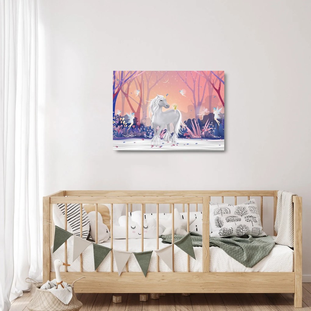 Kép - egyszarvú alatt egy varázslatos erdőben (üvegen) (70x50 cm)