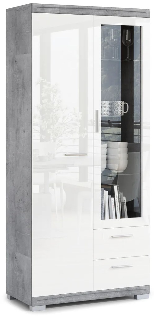 Mazzoni SIMPLE KWD2SZ2 magas komód Millenium Beton/Fehér Fényes - VITRINES SZEKRÉNY NAPPALIBA KÖNYVESPOLC KOMÓD