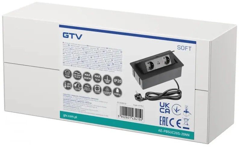 Konnektor, pultba süllyeszthető, fekvő, SOFT, 2x dugalj,2x USB A+C, 1,5 lábellel, fekete