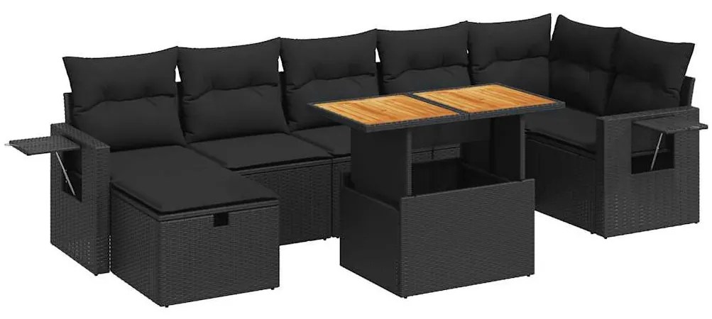 5 részes fekete polyrattan akácfa kerti kanapészett párnákkal