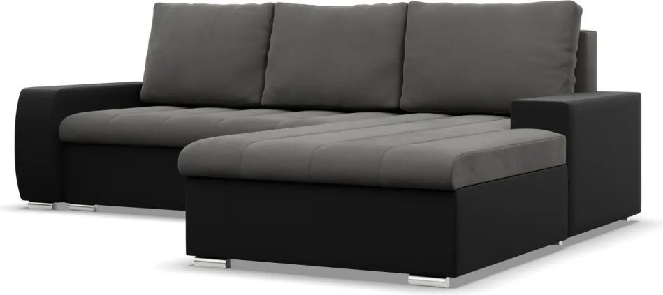 Toronto sarokkanapé, 2 ágyneműtartóval, bársony + műbőr, jobboldali, szürke - fekete