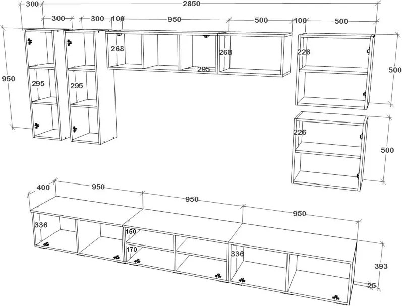 Kos V1 nappali szekrénysor, Fekete / Fényes fehér, MDF, 285 cm
