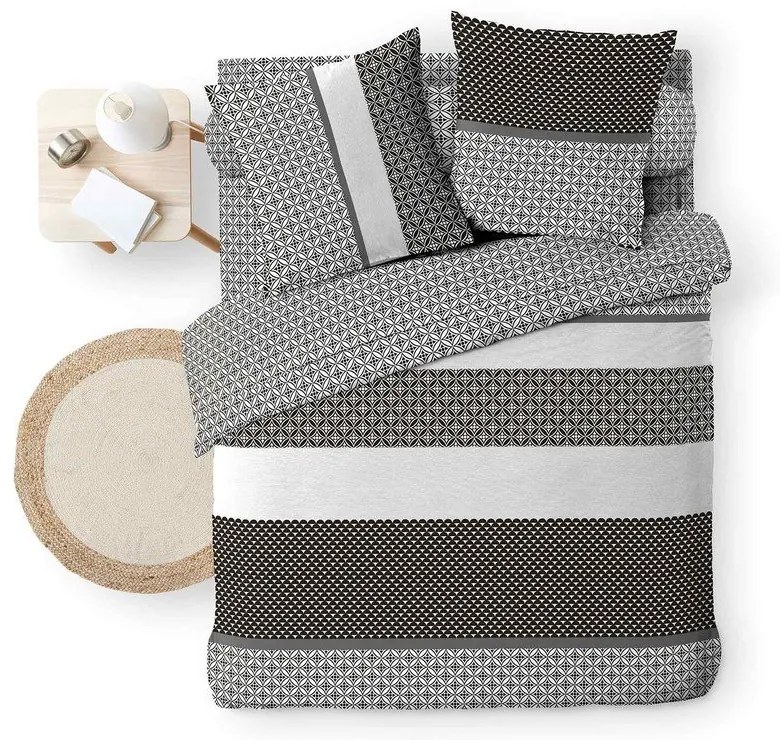 Fekete-fehér kétszemélyes-hosszabbított pamut ágyneműhuzat lepedővel-hatrészes 240x220 cm Meiko – douceur d'intérieur