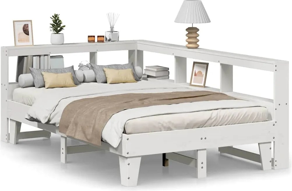vidaXL fehér tömör fenyőfa könyvespolcos ágy matrac nélkül 135x190 cm