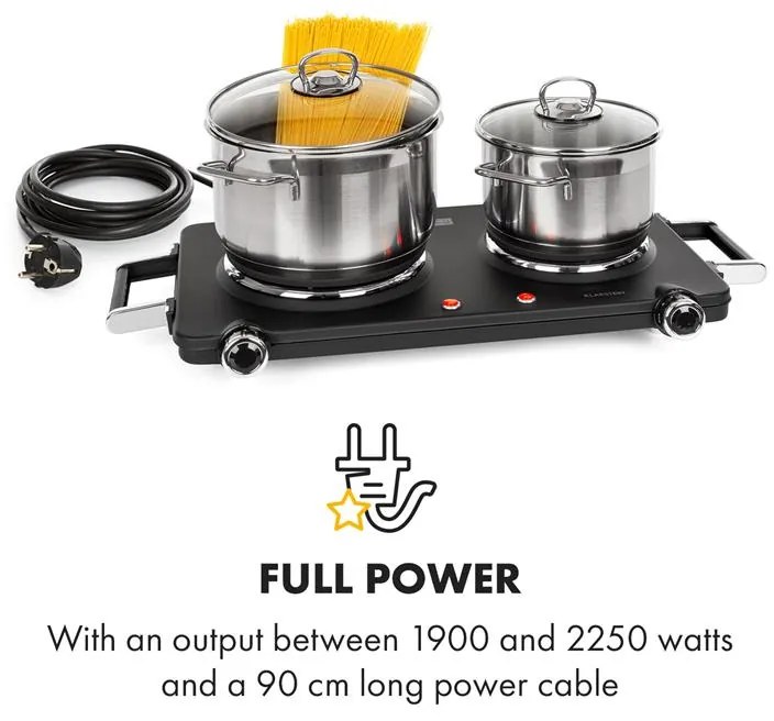 Klarstein Cookorama, elektromos főzőlap, két főzőlap, 1900 - 2250 W, 150/180 mm Ø, 5 szint, fekete