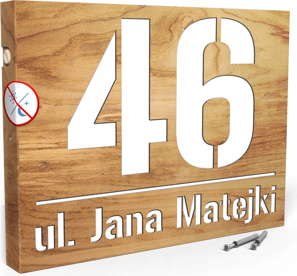 Megvilágított Házszám Címtábla Cím Szám 40x30 cm Világos Tölgy