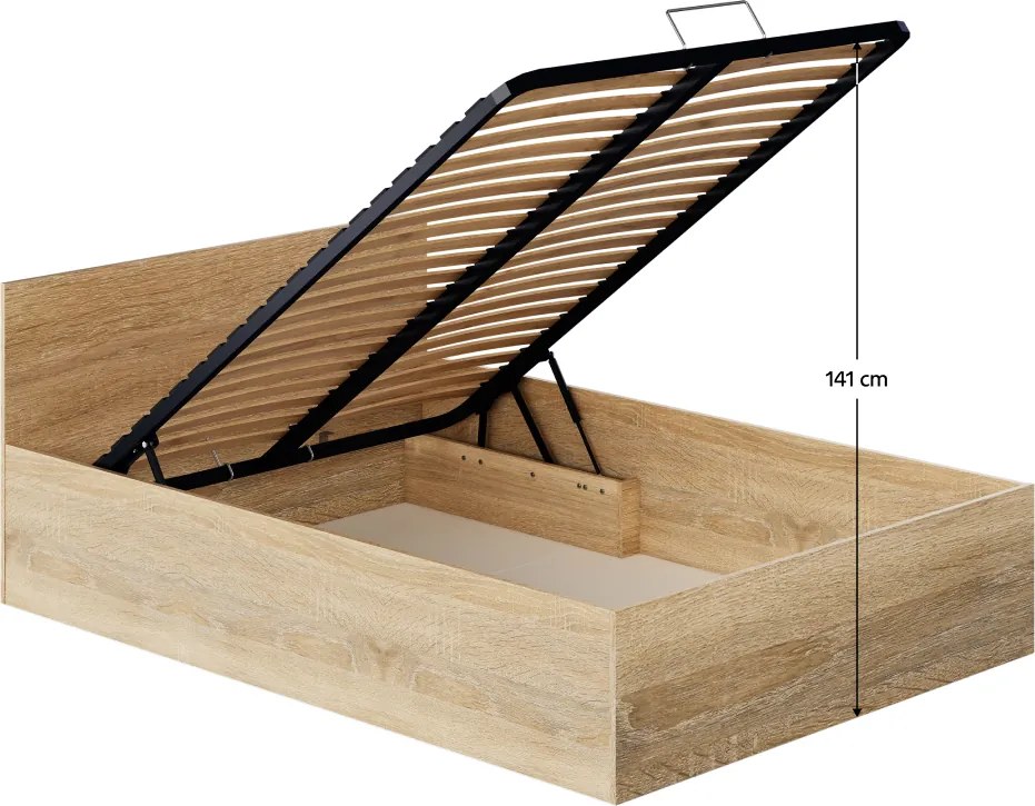 Ágy fém ráccsal és tárolóhellyel, 140x200, sonoma tölgy, DOLI