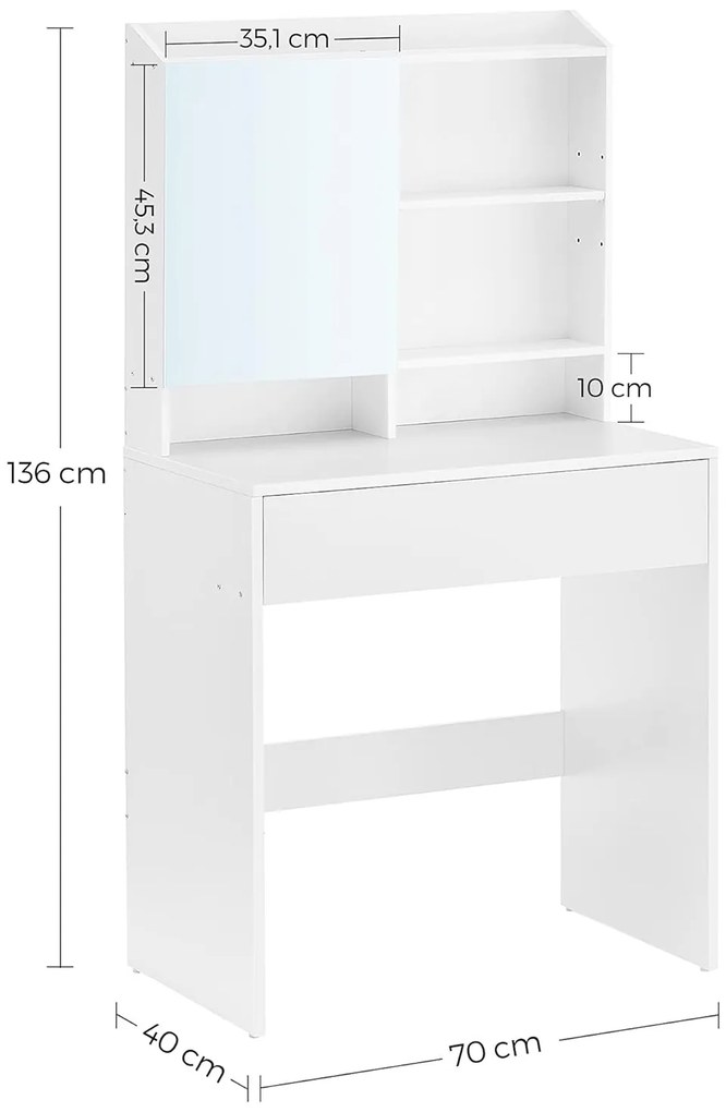 Fésülködőasztal tükörrel, fiókos kozmetikai asztal, fehér