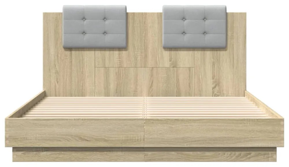 sonoma tölgy színű ágykeret fejtámlával és LED-ekkel 150x200 cm