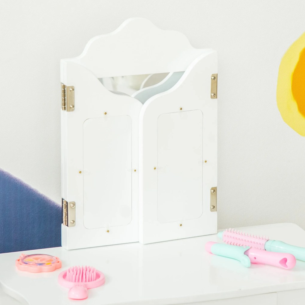 HOMCOM Gyermek Sminkasztal Puffal, Tripla Tükörrel és Gördíthető Fiókkal - Sminkasztal méretei: 63L x 40W x 85.5H cm - Fehér Akryl | Aosom