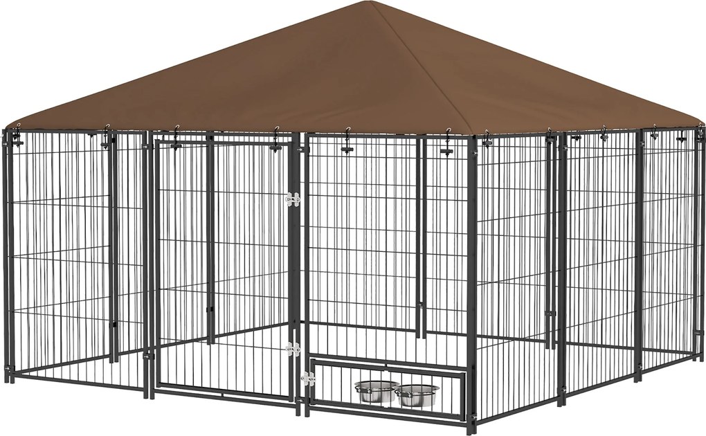 PawHut Fém Kültéri Kutyakerítés Napellenzővel és Forgó Etetőtálakkal 2 Tál a Teraszra 211x141x151 cm Fekete | Aosom