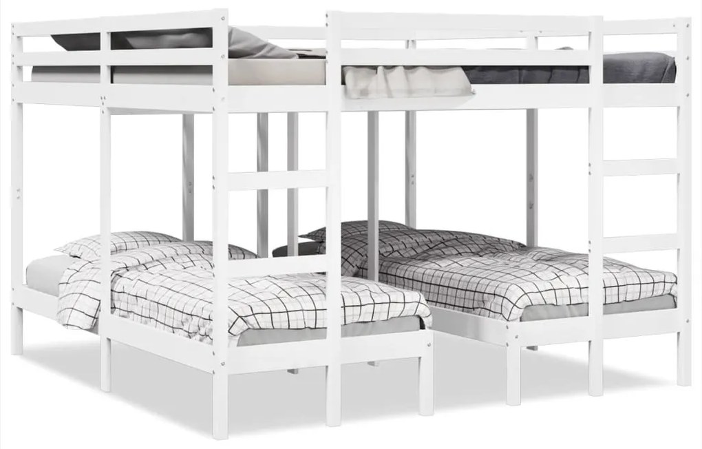 fehér tömör fenyőfa tripla emeletes ágykeret 200x200/80x200 cm