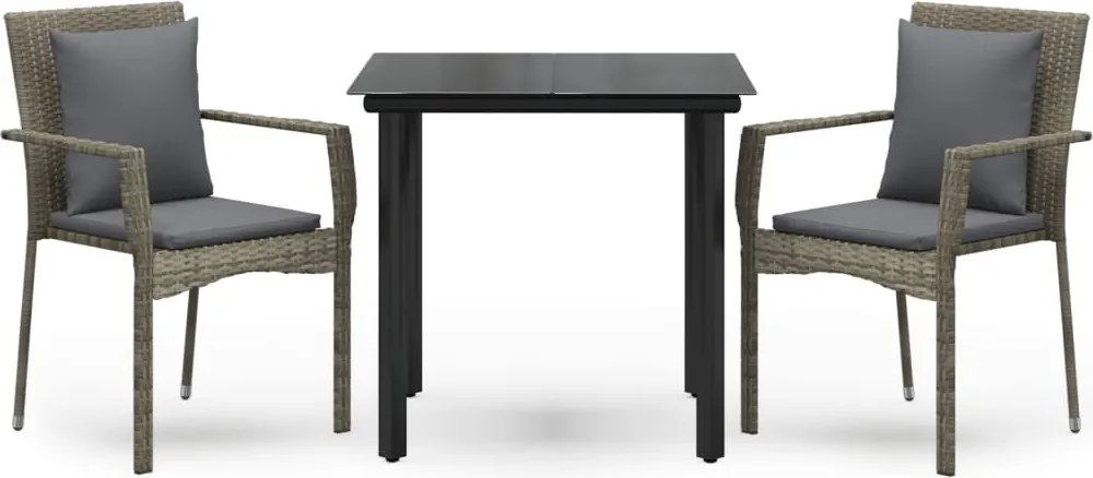 vidaXL 3 részes fekete és szürke polyrattan kerti étkezőszett párnával