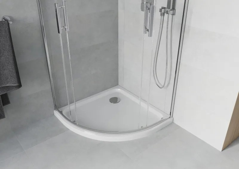 Mexen Rio 90 x 90 cm-es félköríves zuhanykabin, átlátszó, króm + Flat fehér zuhanytálca - 863-090-090-01-00-4110