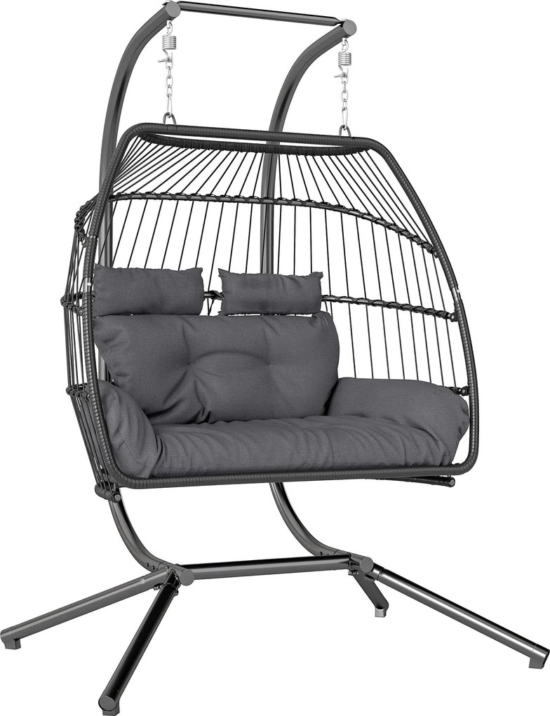Outsunny Függőszék Összecsukható Állvánnyal, Függő Kosár Párnával, Poly Rattan Ergonomikus Hintaágy 2 Személynek, Kültéri Függőszék, Terhelhetőség 260