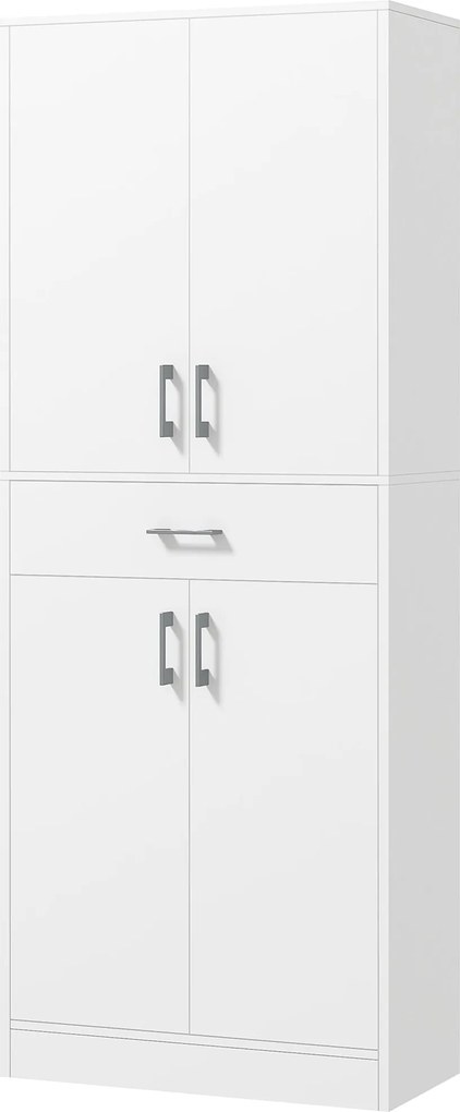 HOMCOM Konyhai Kamra 4 Ajtóval, 1 Fiókkal és Állítható Polcokkal - Modern Konyhaszekrény Nappaliba, Étkezőbe - 70,8x34x180 cm Fehér és Ezüst | Aosom