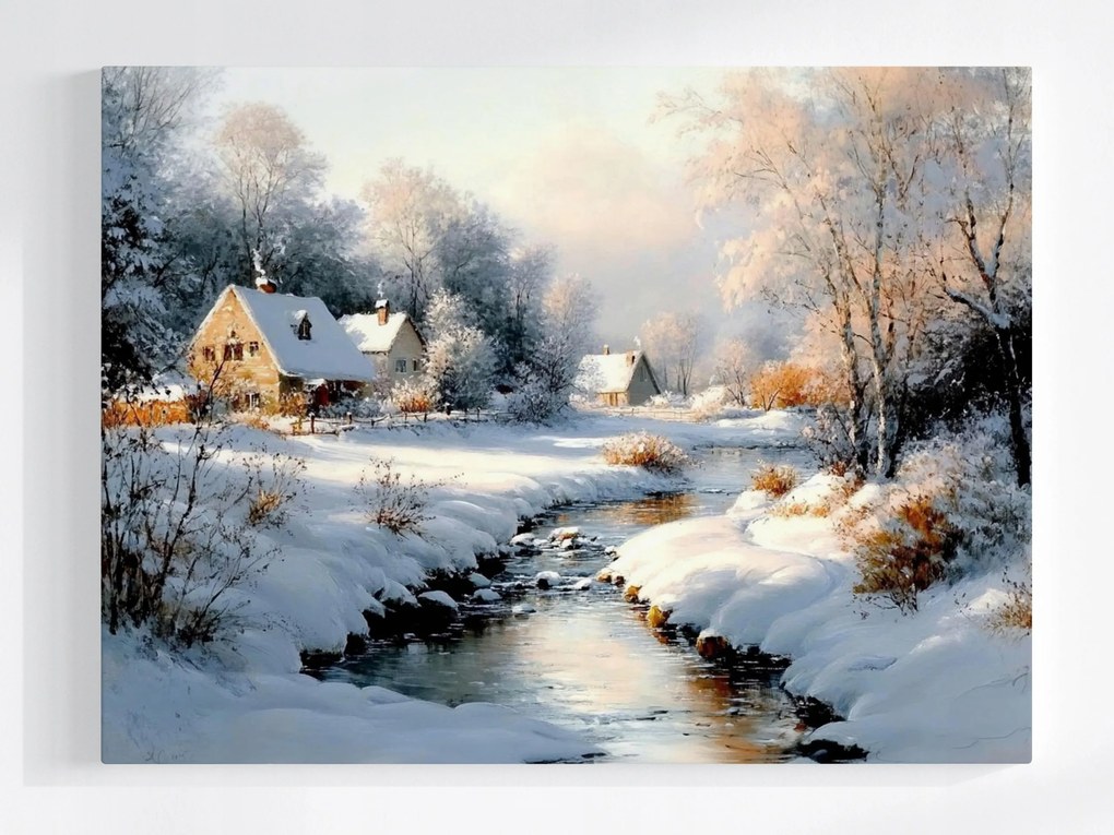 Vászonkép Canvas Tájkép Tél Hó Falu Folyó Patak 80x60