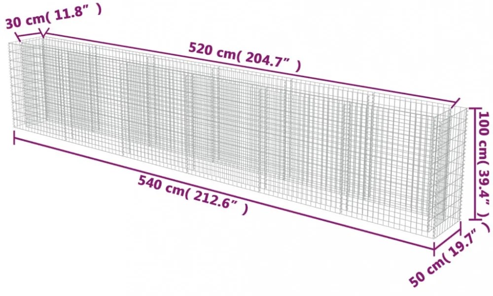 horganyzott acél gabion magaságyás 540 x 50 x 100 cm