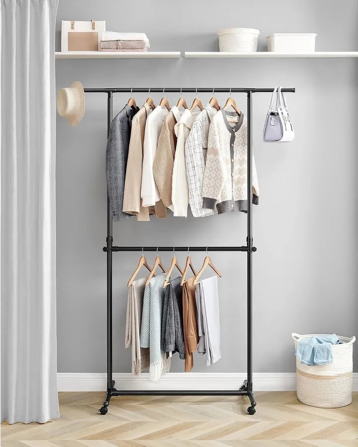 Dupla Ruhafogas, Állítható Felső Rúddal, Görgős, 113-180 cm, Fekete