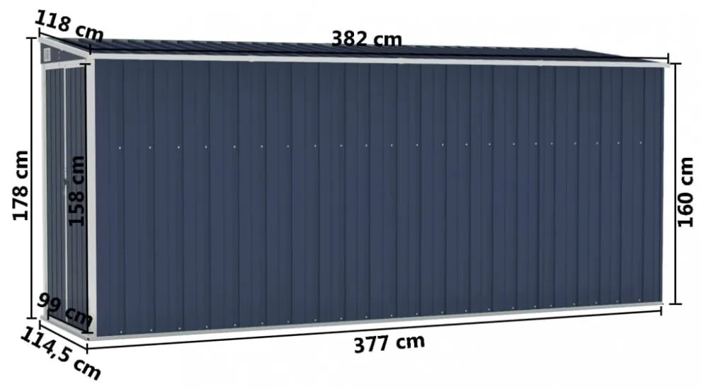 antracitszürke acél falhoz erősíthető fészer 118 x 382 x 178 cm