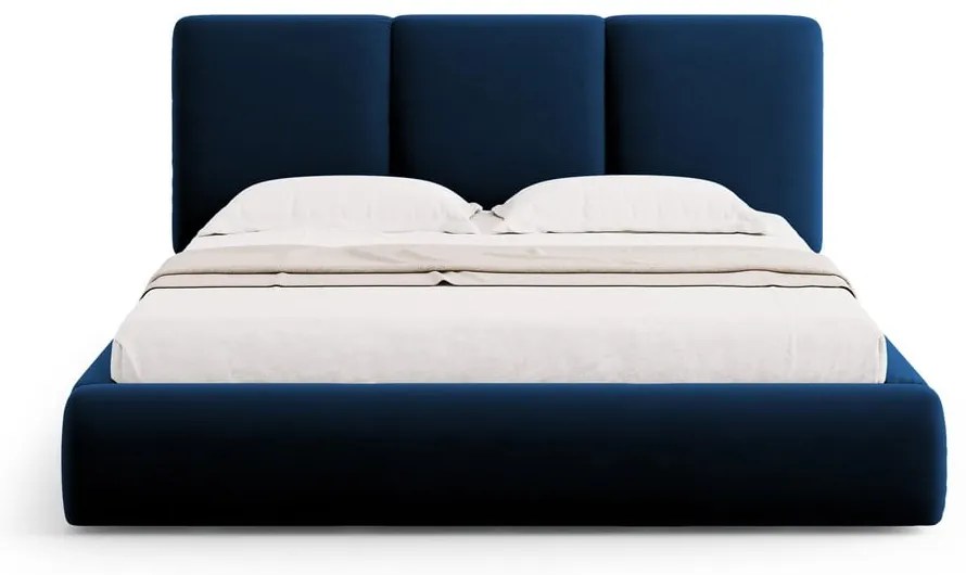 Sötétkék bársony kárpitozott ágyneműtartós franciaágy ágyráccsal 200x200 cm Brody – Mazzini Beds