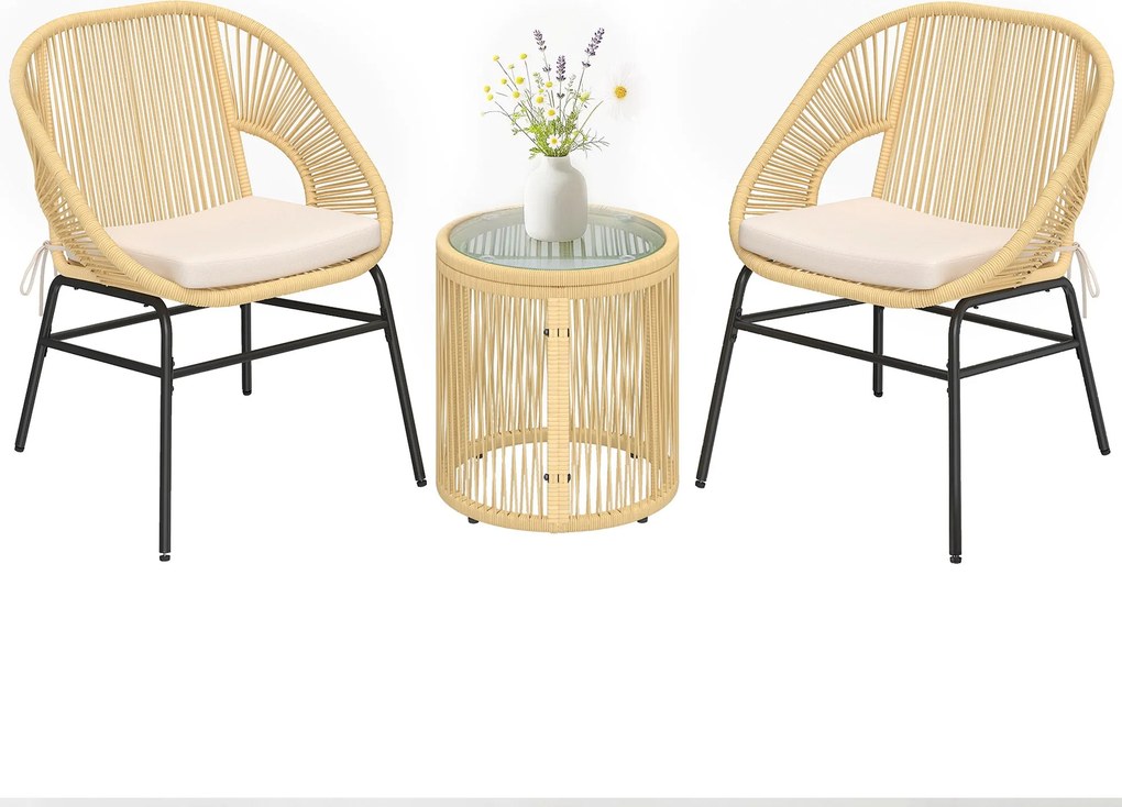 Outsunny 3 részes rattan bistro szett – 2 párnázott fotel és edzett üvegasztal, ergonomikus balkon/terasz bútor, bézs | Aosom