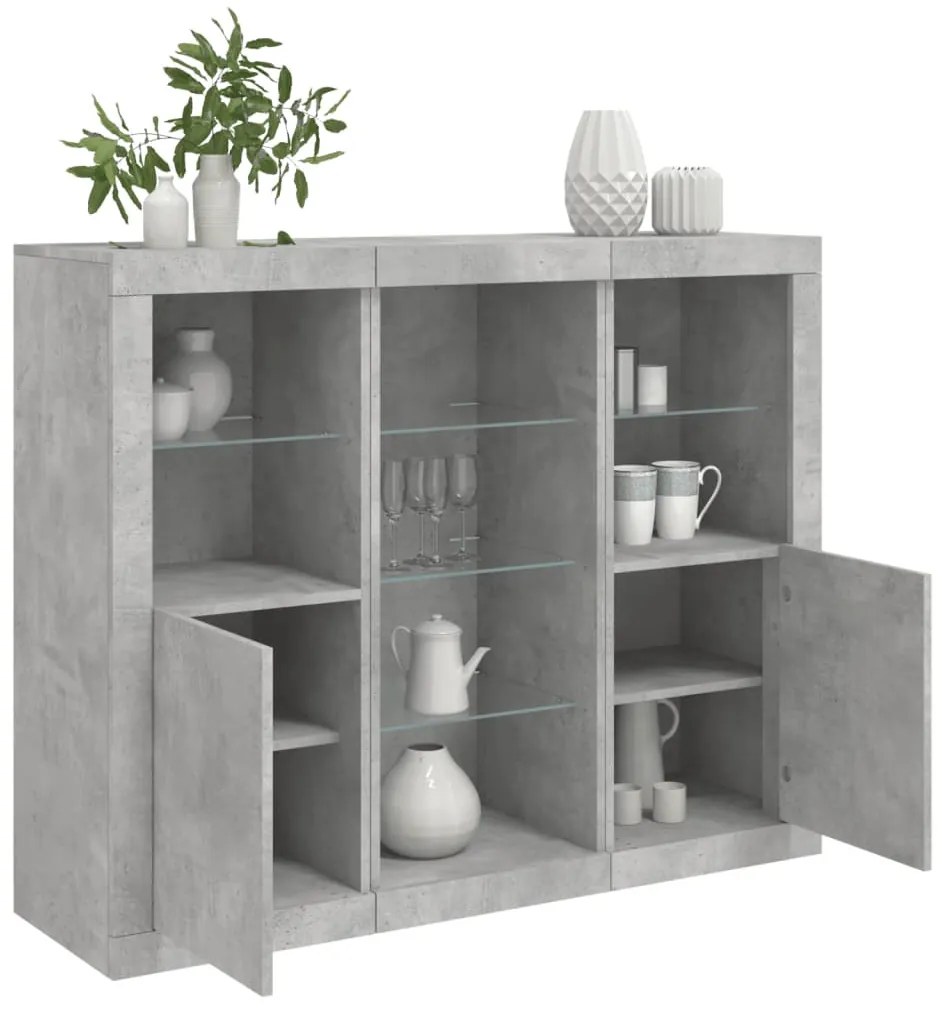 3 db betonszürke szerelt fa tálalószekrény LED-ekkel