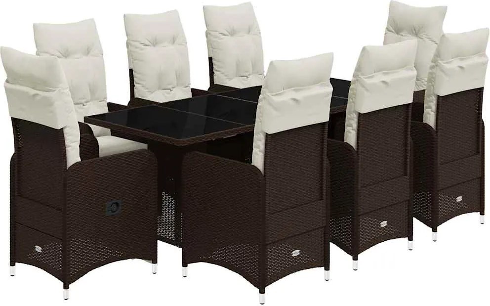 vidaXL 9 részes barna polyrattan kerti bisztrógarnitúra párnákkal