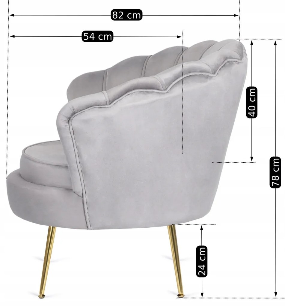 Elegáns Fotel Szürke Bársony Kárpittal, Aranyszínű Lábakkal. ANGEL