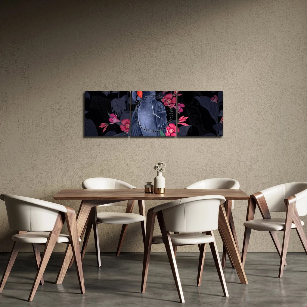 Kép - papagáj a virágok között (órával) (90x30 cm)