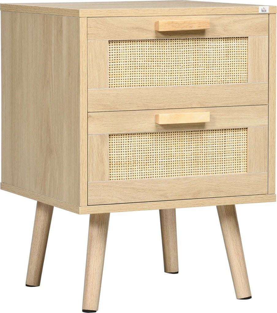 HOMCOM Bohém Stílusú Éjjeliszekrény 2 Rámás Fiókkal és Fa Lábakkal 40x40x56 cm Természetes | Aosom