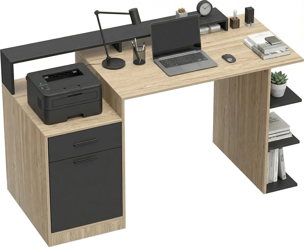 HOMCOM 140 x 60 cm számítógépasztal fiókkal, fejhallgató-tartóval, szekrénnyel és polcokkal — tölgy/fekete | Aosom