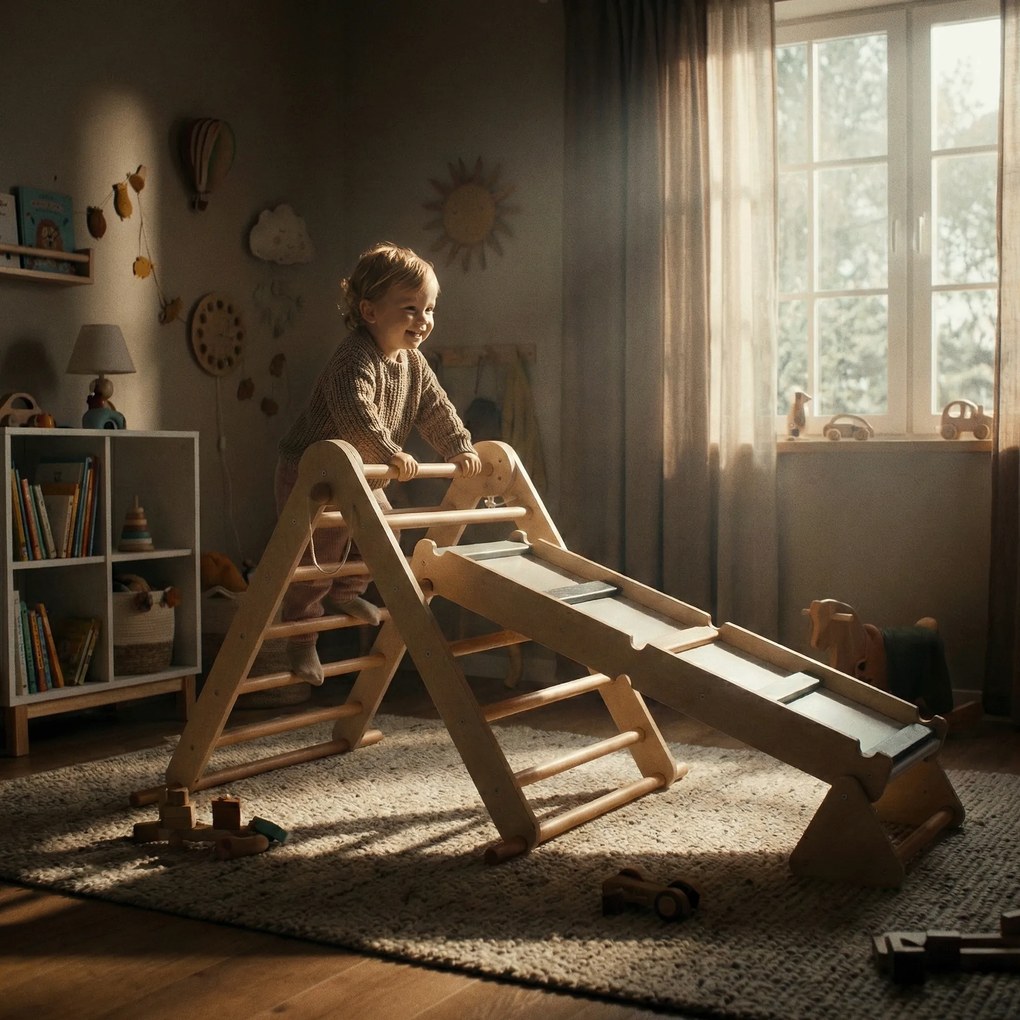 Montessori Pikler-háromszög 3 az 1-ben, természetes/színes, OPRIN