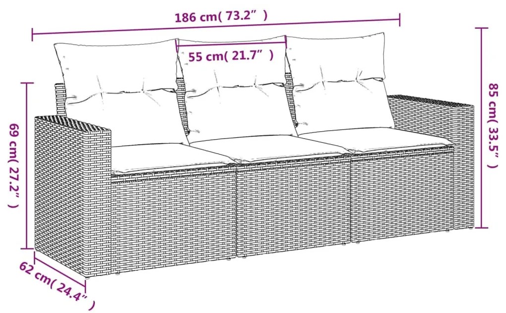 3 részes fekete polyrattan kerti ülőgarnitúra párnával