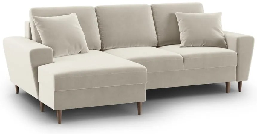 Bézs bársony kinyitható tárolóhelyes sarokkanapé (bal oldali-heverő résszel) Kyoto – Cosmopolitan Design