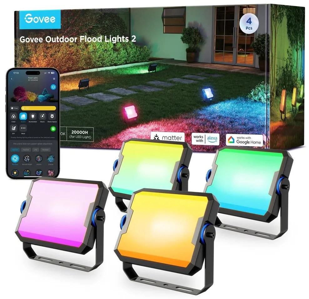 Govee - 4 darabos RGBICWW LED reflektor szett, dimmelhető, LED/24W/230V, IP66, matt, Wi-Fi