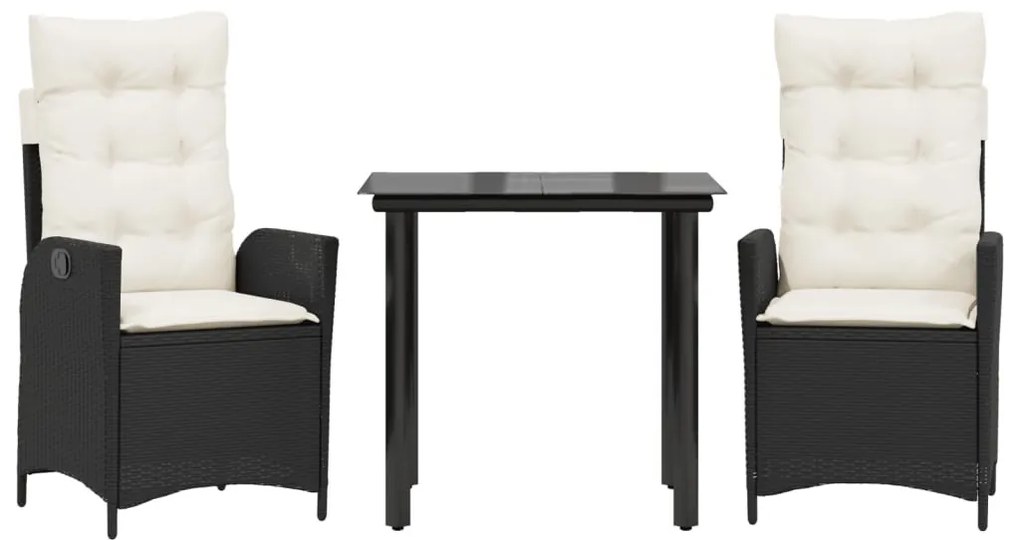 3 részes fekete polyrattan kerti étkezőgarnitúra párnákkal