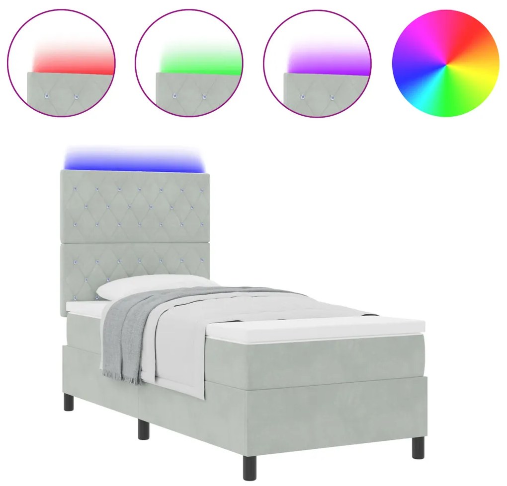 Boxspring Ágy Matrac és LED Világítás Szürke 90x200 cm Bársony