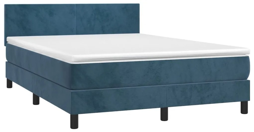 sötétkék bársony rugós és LED-es ágy matraccal 140x190 cm