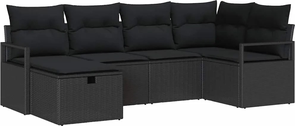 vidaXL Kerti Kanapé Szett párnával tárolóval 6 pcs Fekete polirattan