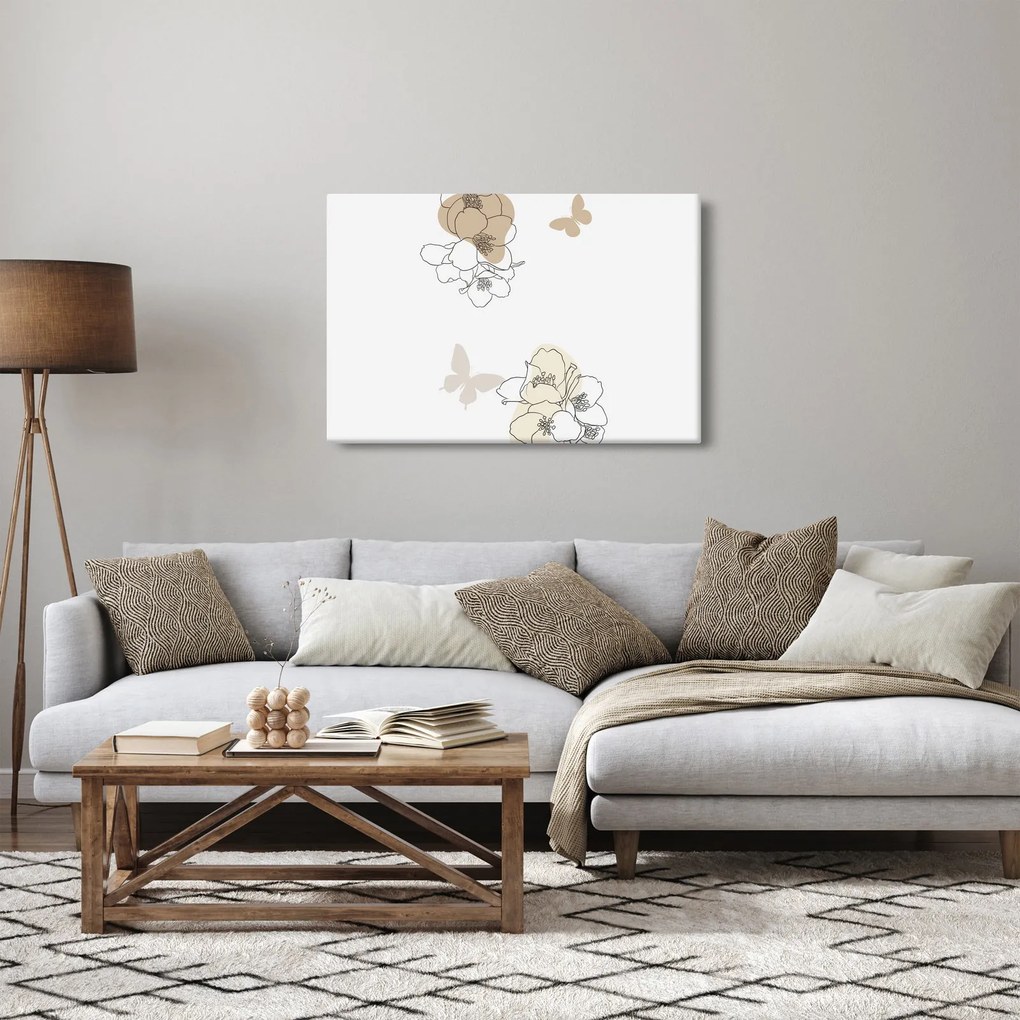 Kép - Bézs virágok pillangóval N⁰2 (90x60 cm)