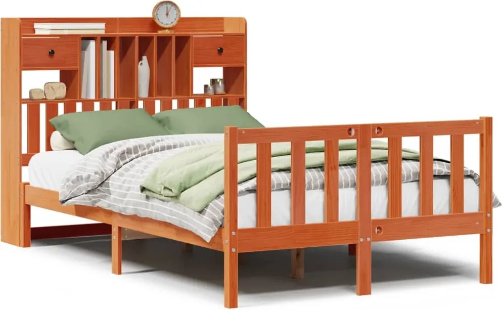 vidaXL barna tömör fenyőfa könyvespolcos ágy matrac nélkül 135 x 190cm