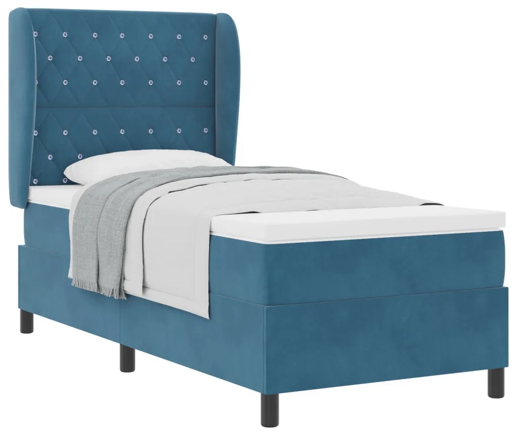 Boxspring Ágy Matraccal Sötétkék 90x190 cm Bársony