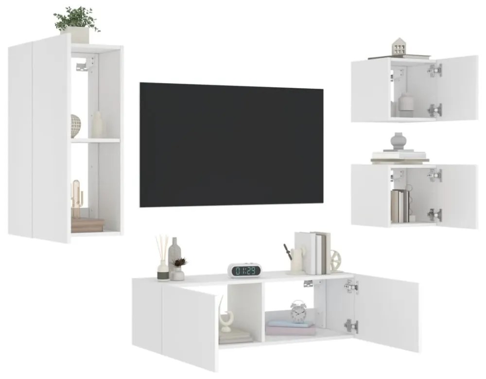 4 darab fehér falra szerelhető TV-szekrény LED-del