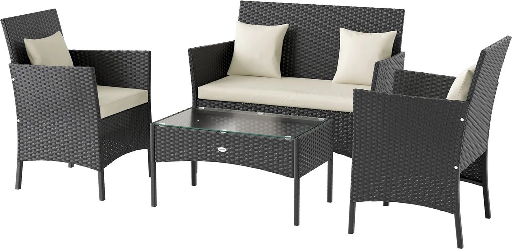 Outsunny Szintetikus Rattan Kerti Bútor Készlet - 4 Részes Kültéri Készlet 2 Székkel, 1 Kettős Kanapéval és 1 Üvegtetős Kávézóasztallal, Fekete és Kré