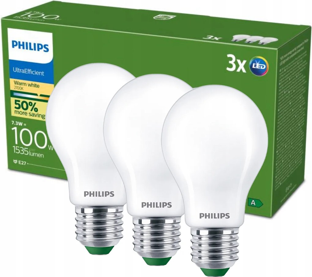 Led izzó E27 Philips 7.3W 100W 1535lm 210lm/W 2700K Meleg A-osztály 3 db