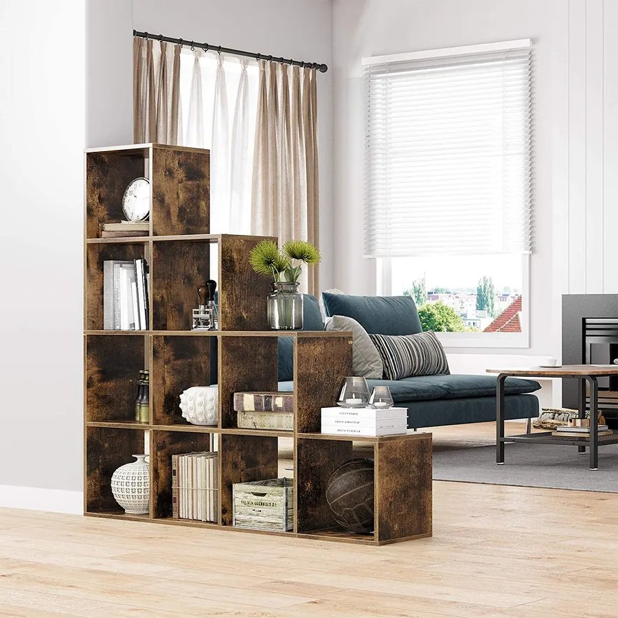 Könyvespolc, 10 kockás tároló, 129,5 x 29 x 129,5 cm, rusztikus barna