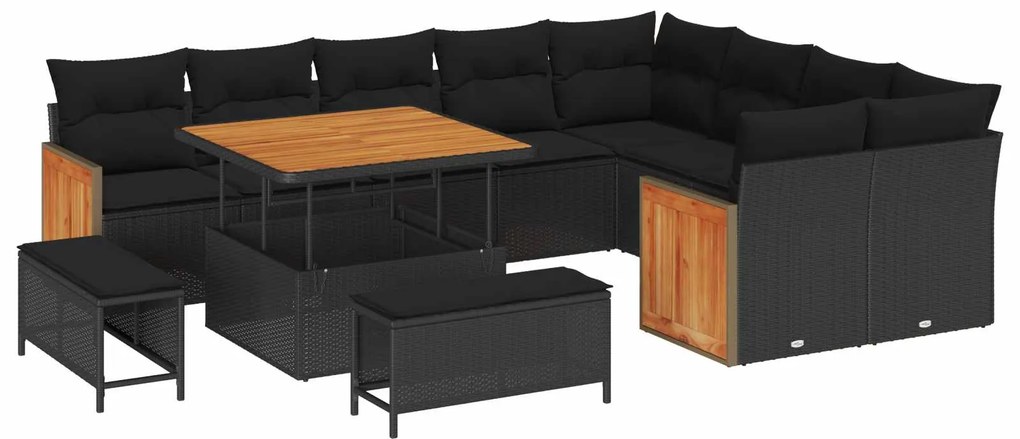 vidaXL Kerti Kanapé Szett 12 pcs Fekete Poli Rattan és Porfestett Acél