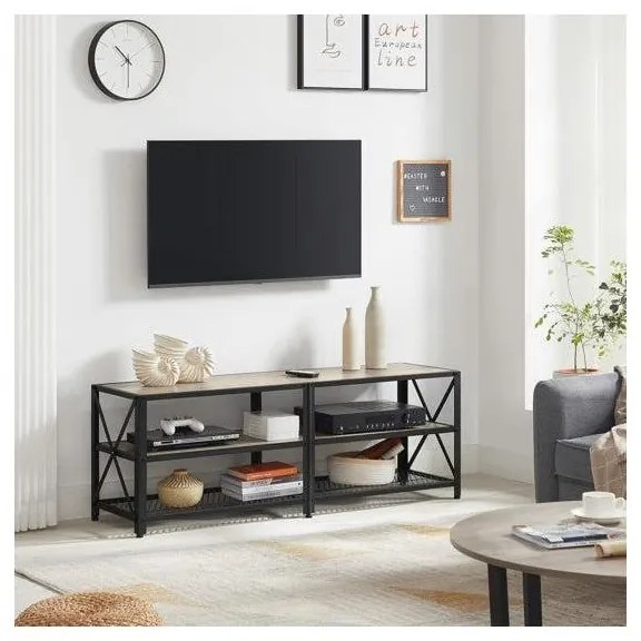 TV szekreny, TV-asztal polcokkal, acélkerettel, 140 x 52 x 39 cm, greige és fekete